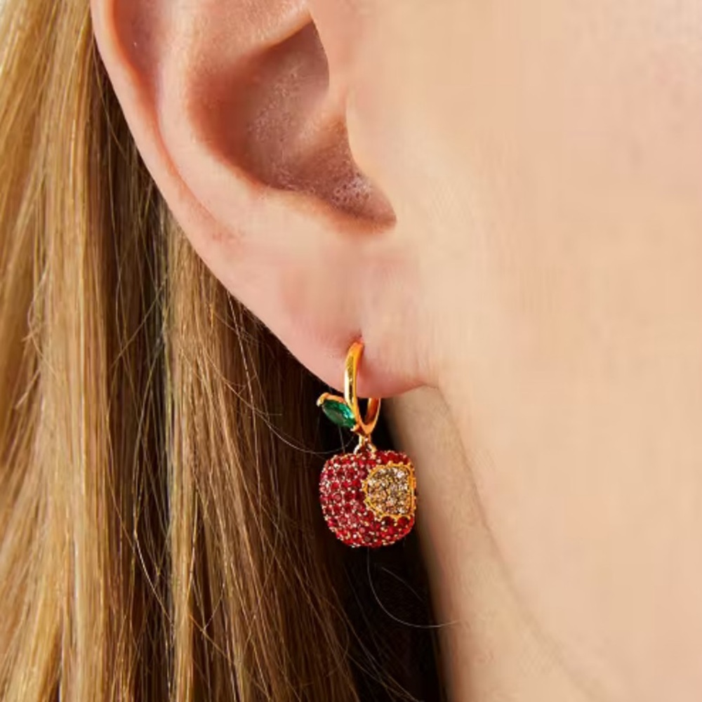 KATE SPADE ♠️ NEW YORK 🍏 Apple Of My Eye Pave Huggie Drop Earrings 🍎 - Picture 5 of 5